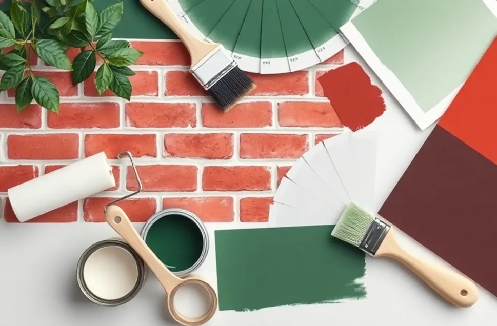 Pots de peinture, nuancier, brosses et rouleaux disposés à plat