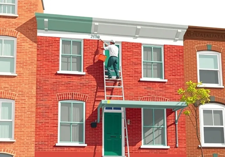 Peintre sur échafaudage traitant la façade d'une maison