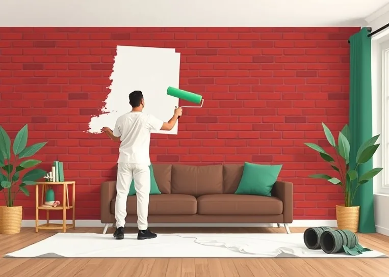 Peintre appliquant la peinture au rouleau sur un mur de salon